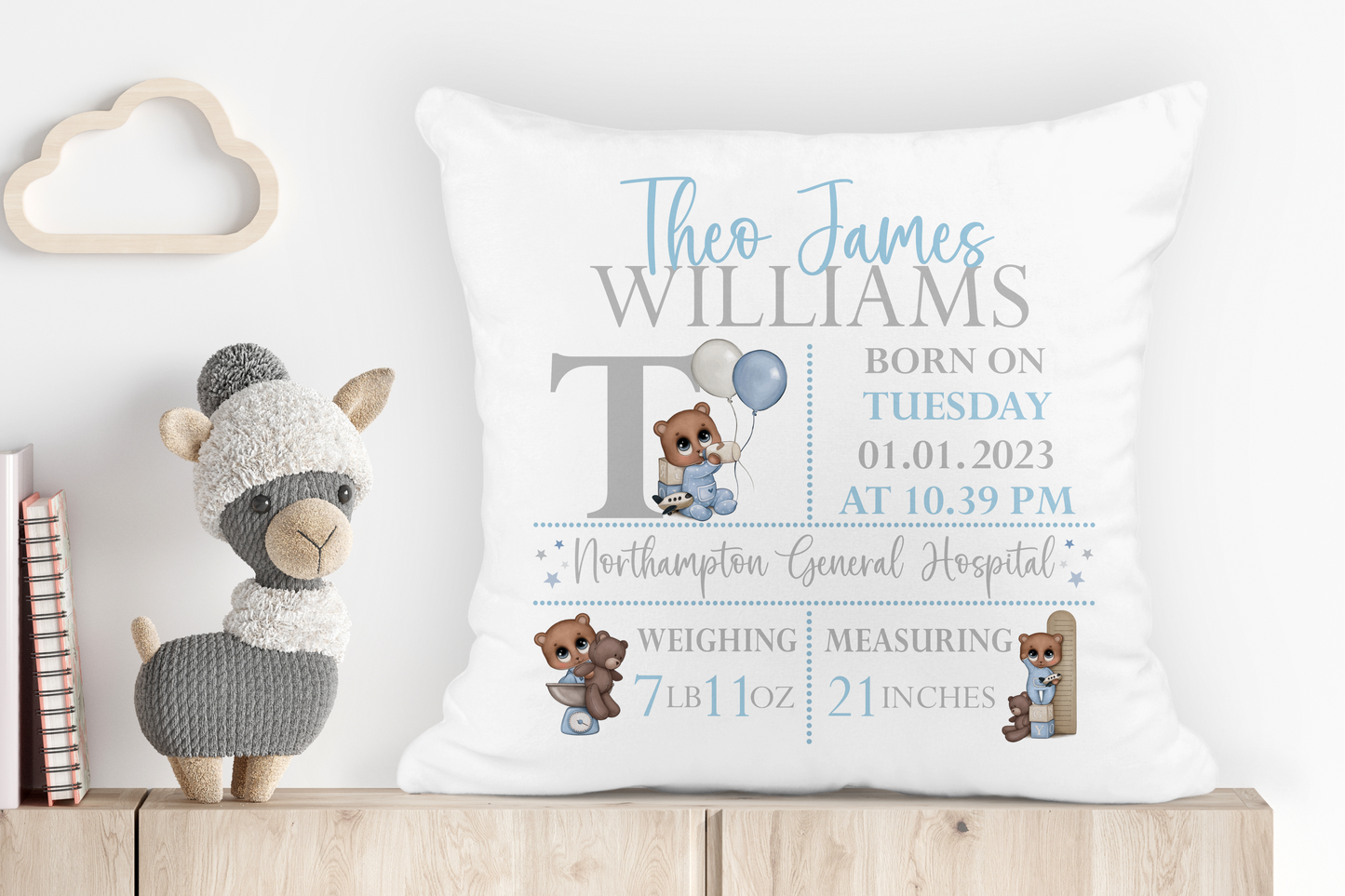 Personalized baby pillow with teddy bear illustrations and birth details