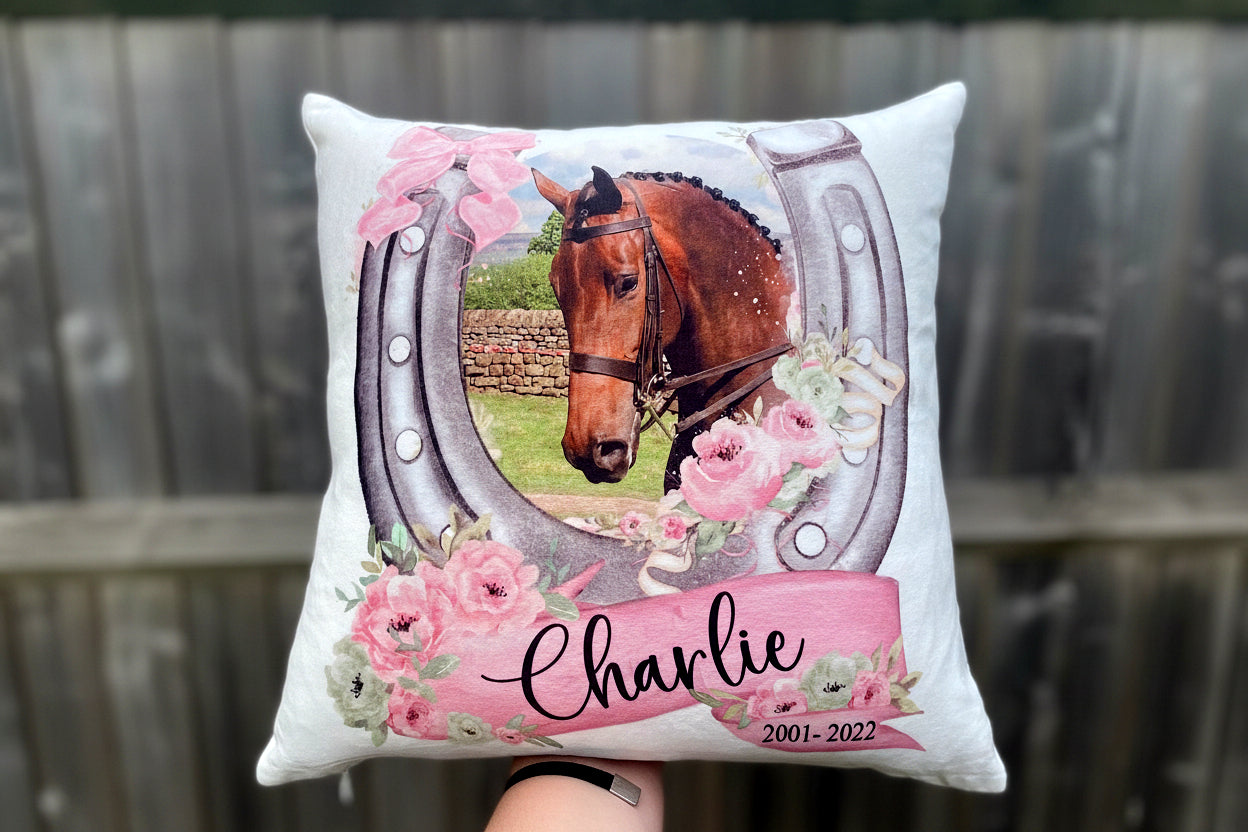 Decorative pillow with a horse design, floral elements, and photo