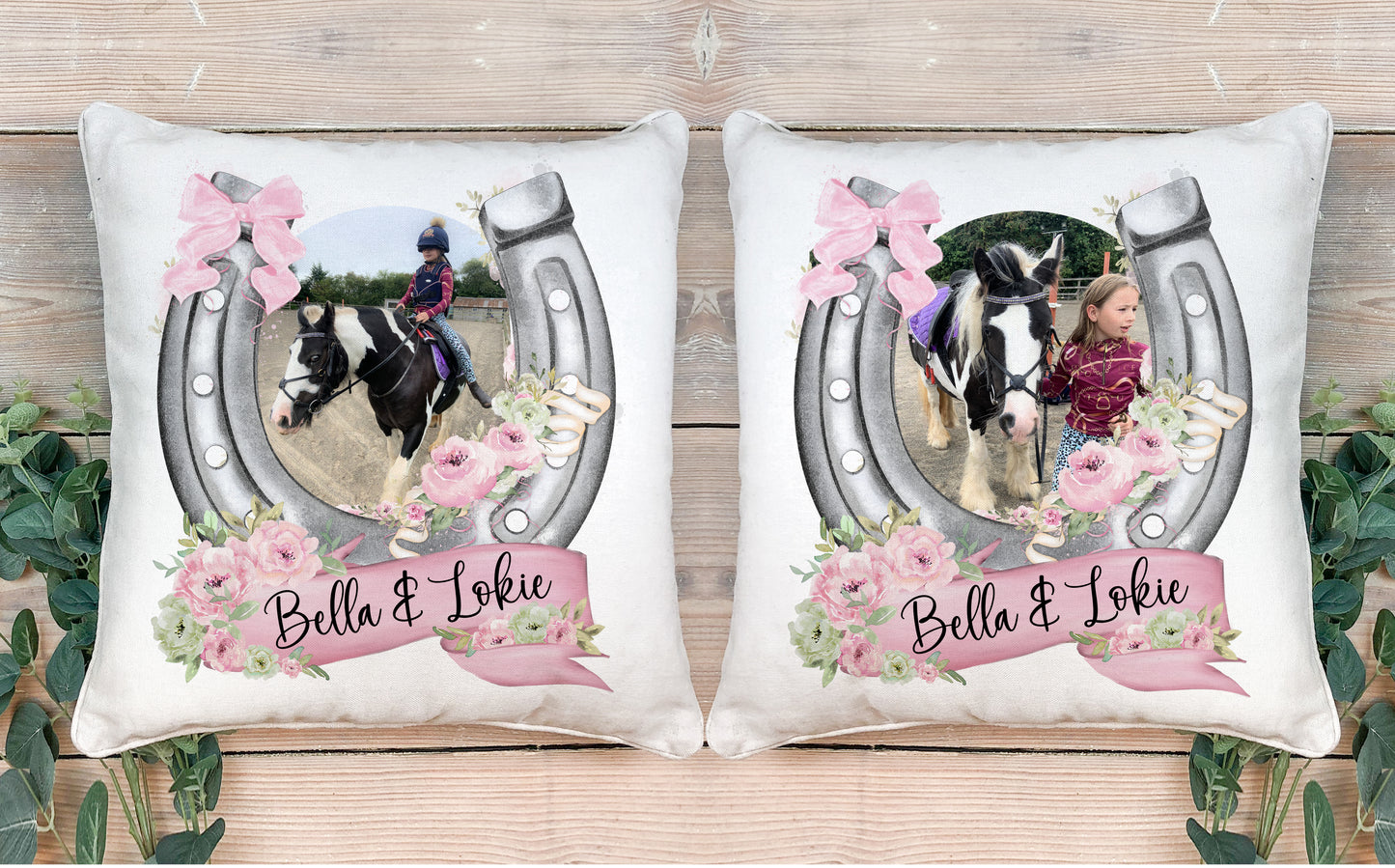Personalised Photo Horse Cushion with Pink Floral Horseshoe Detail.