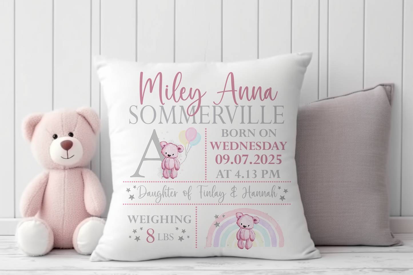 Personalised New Baby Teddy Cushion. Birth Stat Gifts for Baby Girls & Boys.
