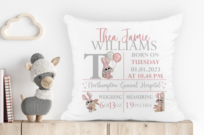 Decorative pillow with baby birth details. Gifts for new babies.