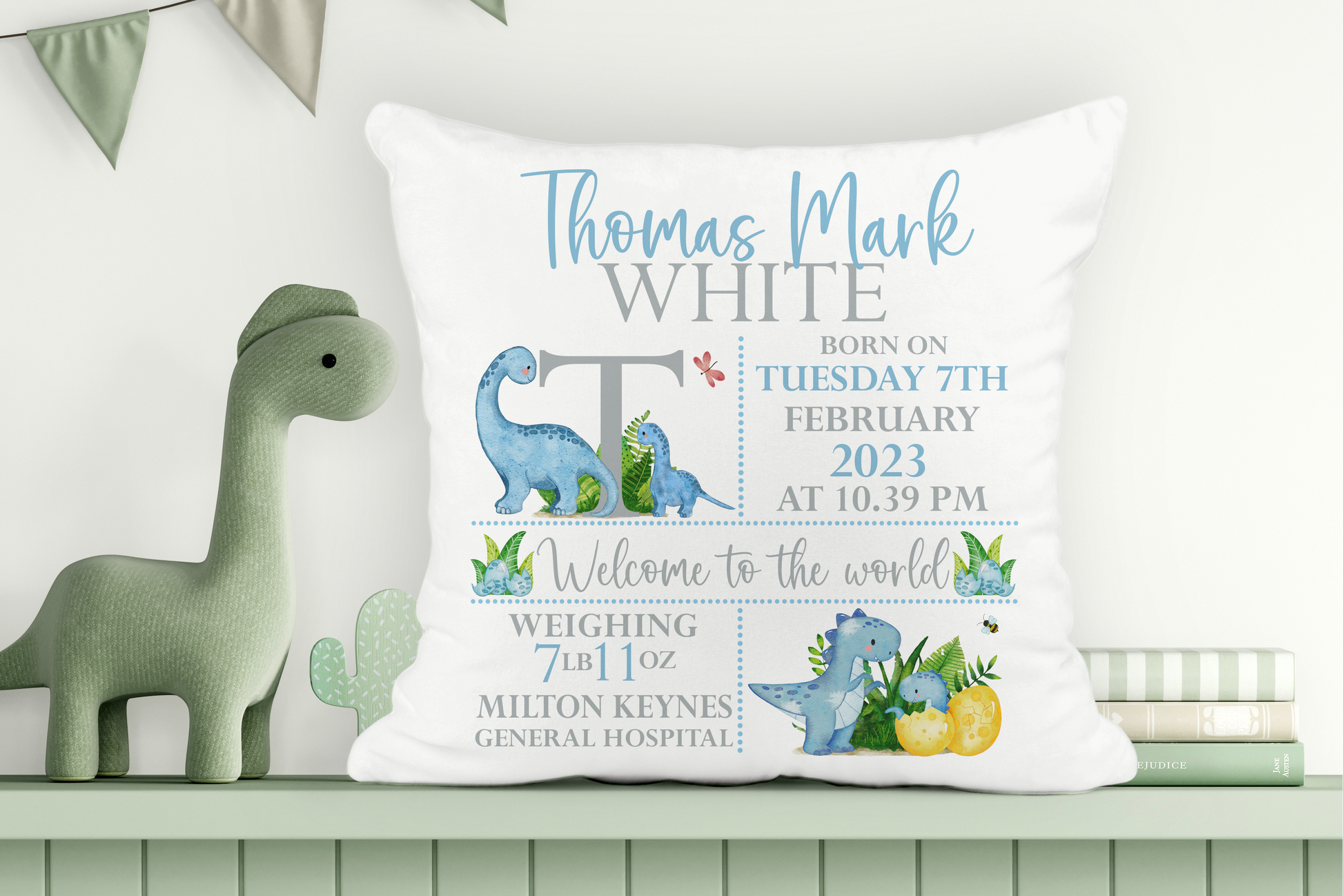 Dinosaur cushion with baby birth details. Gifts for new babies.