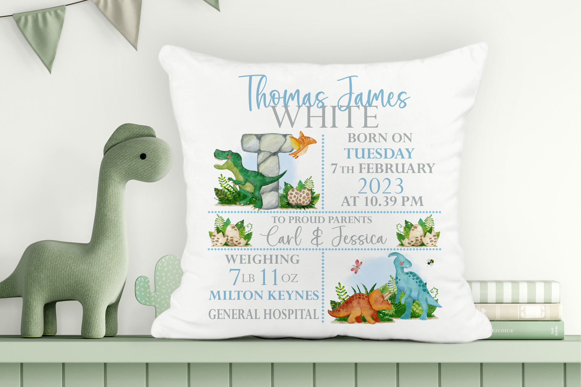 Dinosaur cushion with baby birth details. Gifts for new babies.