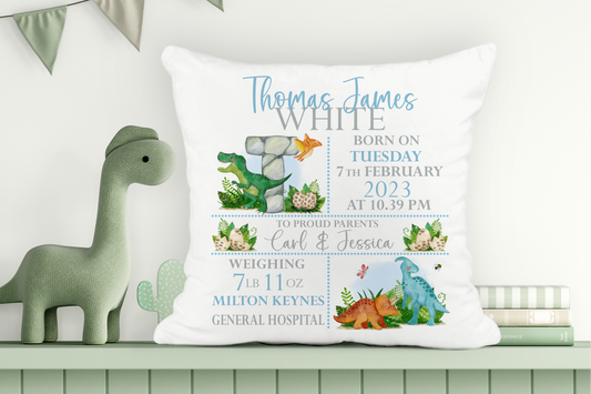 Dinosaur cushion with baby birth details. Gifts for new babies.