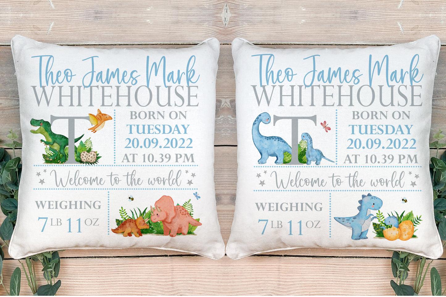 Personalised New Baby Cushion. Dinosaur Gifts for Baby Girls & Boys.