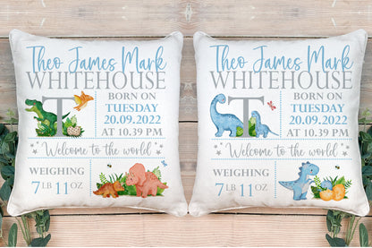 Personalised New Baby Cushion. Dinosaur Gifts for Baby Girls & Boys.