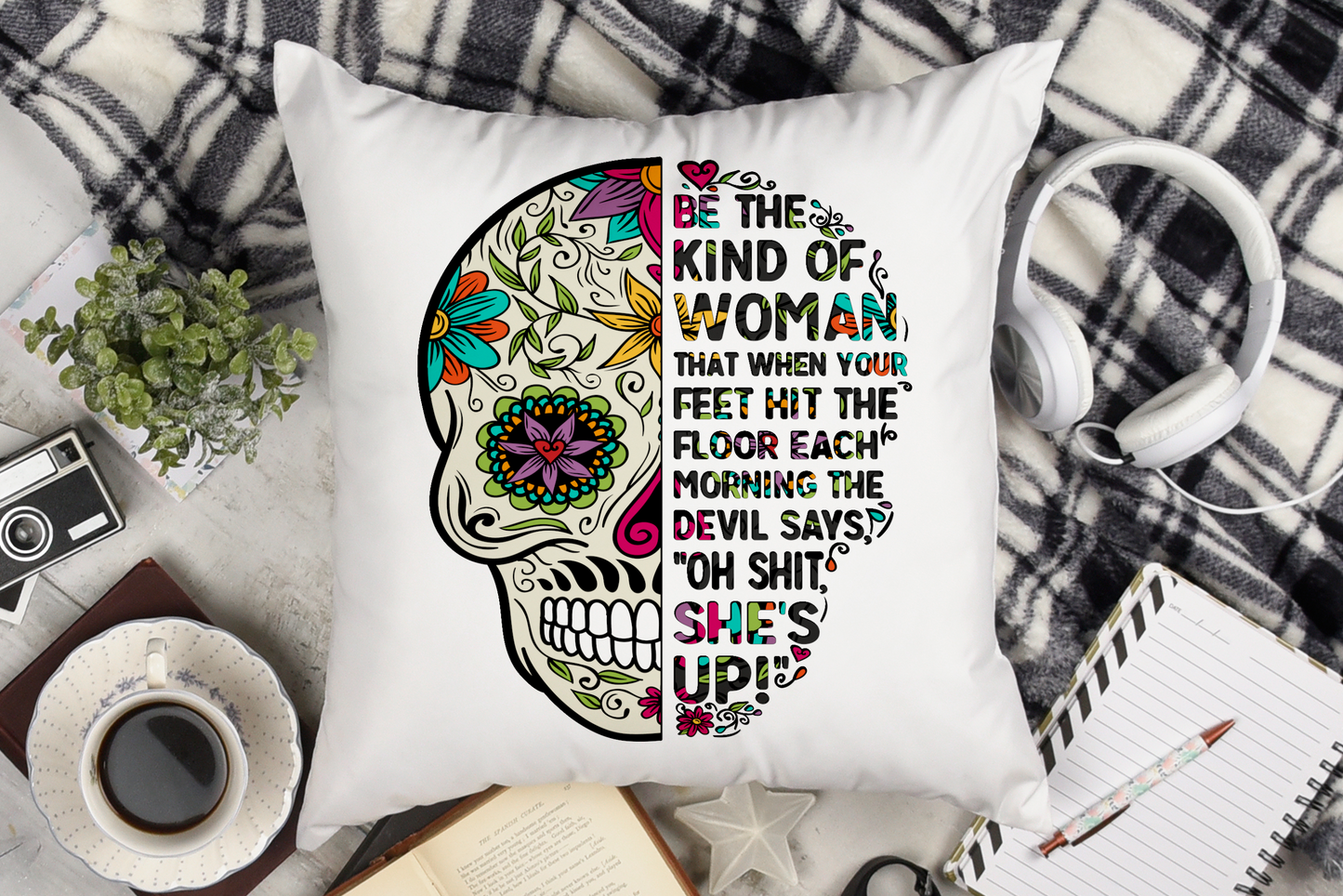 Personalised Sugar Skull Cushion. Devil says oh shit she's up day of the dead gift for women.