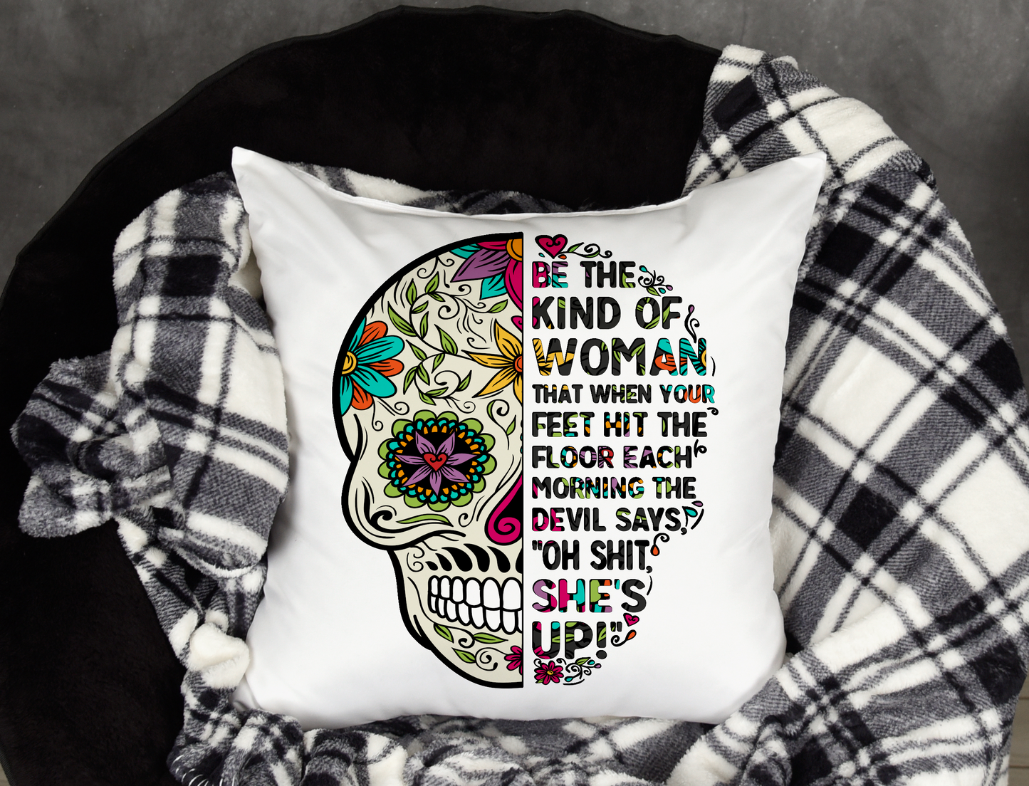 Personalised Sugar Skull Cushion. Devil says oh shit she's up day of the dead gift for women.