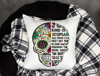 Personalised Sugar Skull Cushion. Devil says oh shit she's up day of the dead gift for women.