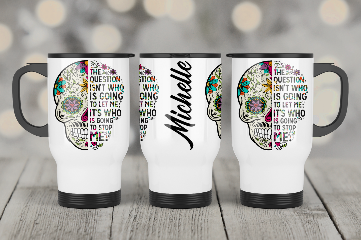 Sugar Skull Travel Mug with handle. A strong women looks danger in the eye and gives it a wink.