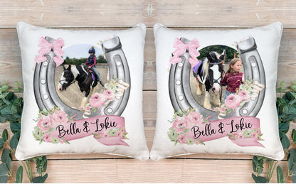 Personalised Photo Horse Cushion with Pink Floral Horseshoe Detail.