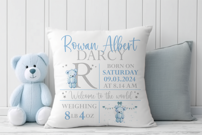 Personalised Birth Cushion with stats. New Baby Gifts for Girls and Boys.