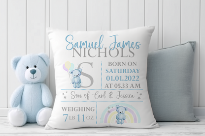 Personalised New Baby Teddy Cushion. Birth Stat Gifts for Baby Girls & Boys.