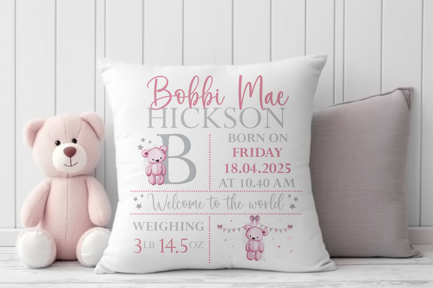 Personalised Birth Cushion with stats. New Baby Gifts for Girls and Boys.
