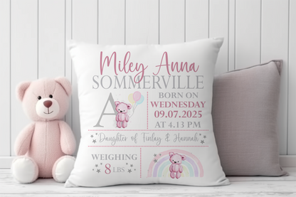Personalised New Baby Teddy Cushion. Birth Stat Gifts for Baby Girls & Boys.