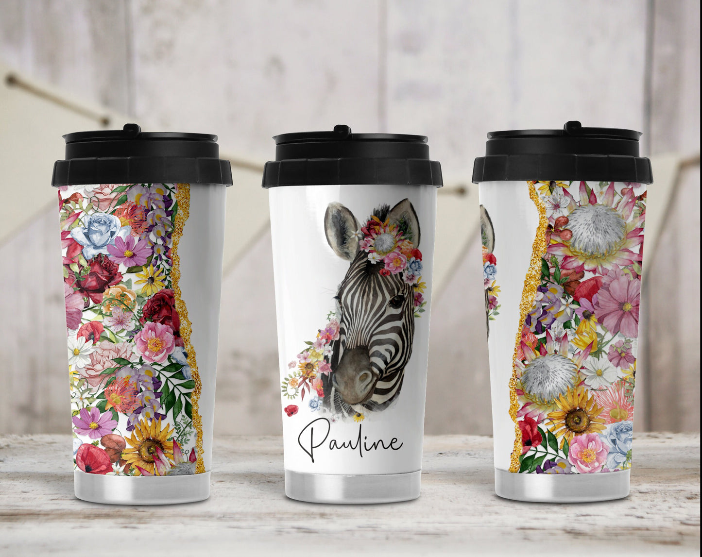 Personalised Zebra Themos Travel Mug with Handle. Floral Zebra gifts for women.