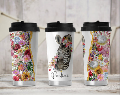 Personalised Zebra Themos Travel Mug with Handle. Floral Zebra gifts for women.