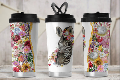 Personalised Zebra Themos Travel Mug with Handle. Floral Zebra gifts for women.