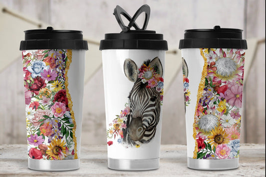 Personalised Zebra Themos Travel Mug with Handle. Floral Zebra gifts for women.