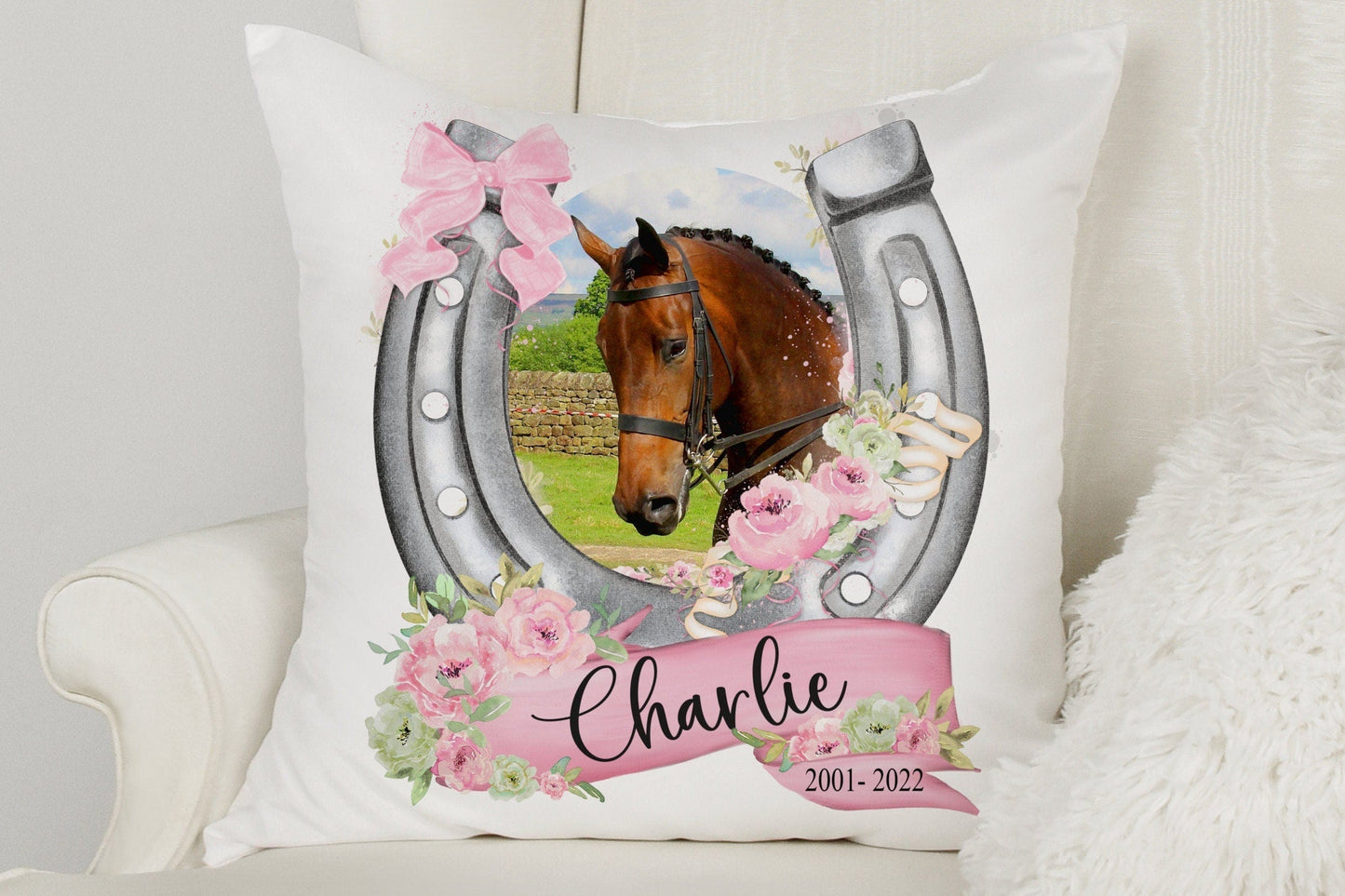 Personalised Photo Horse Cushion with Pink Floral Horseshoe Detail.