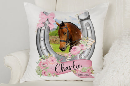 Personalised Photo Horse Cushion with Pink Floral Horseshoe Detail.