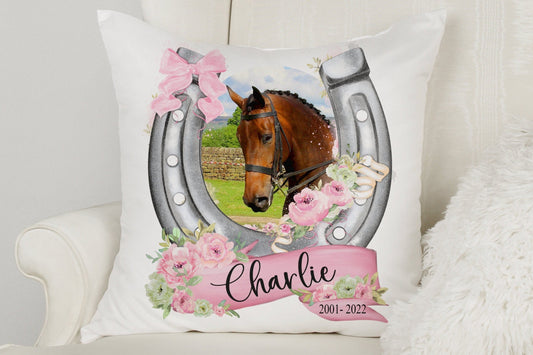 Personalised Photo Horse Cushion with Pink Floral Horseshoe Detail.