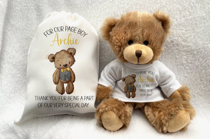 Page Boy Thank You Gift. Personalised Printed Teddy Bear with Bag. Wedding Present for boys