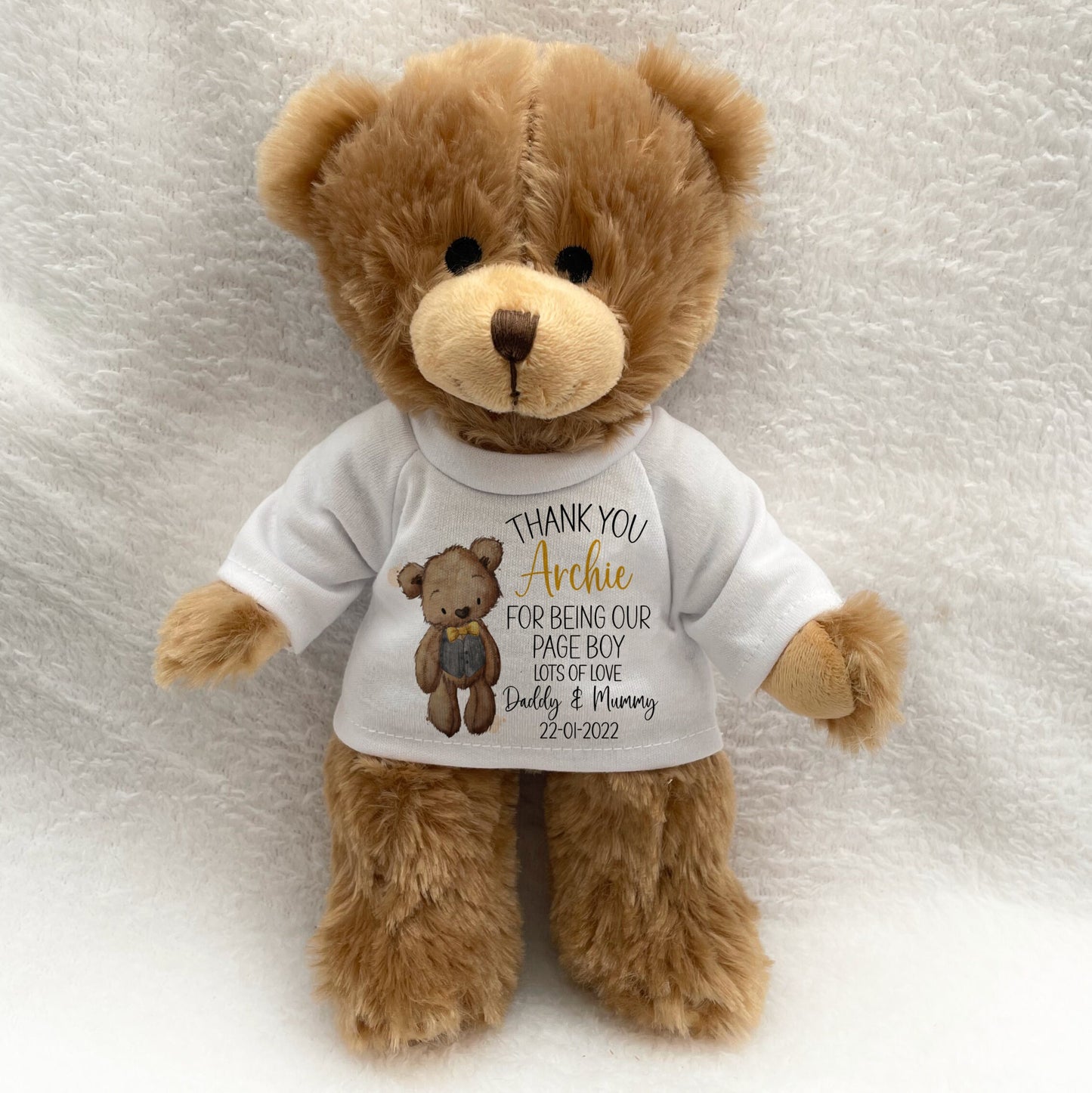 Page Boy Thank You Gift. Personalised Printed Teddy Bear with Bag. Wedding Present for boys