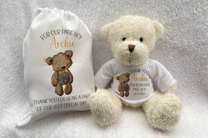 Page Boy Thank You Gift. Personalised Teddy Bear with Bag. Wedding Present for Ring Bearers.