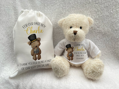 Page Boy Thank You Gift. Personalised Teddy Bear with Bag. Wedding Present for Ring Bearers.