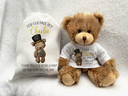 Page Boy Thank You Gift. Personalised Printed Teddy Bear with Bag. Wedding Present for boys
